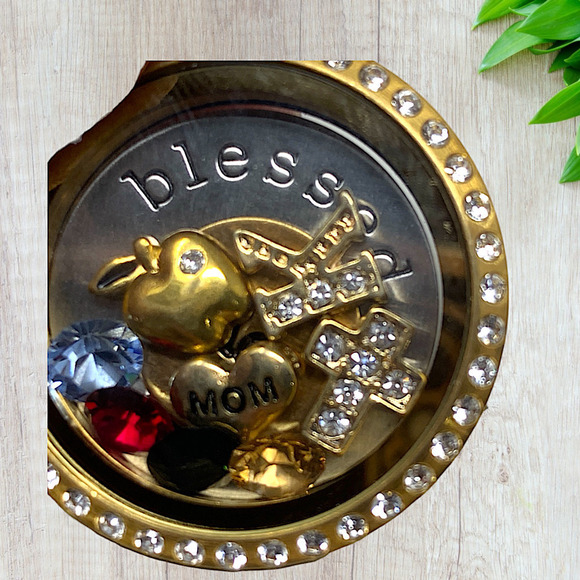 Origami Owl Gold Tone Swarovski Crystal Locket "Blessed" Necklace Charm Mom Love - Picture 4 of 9